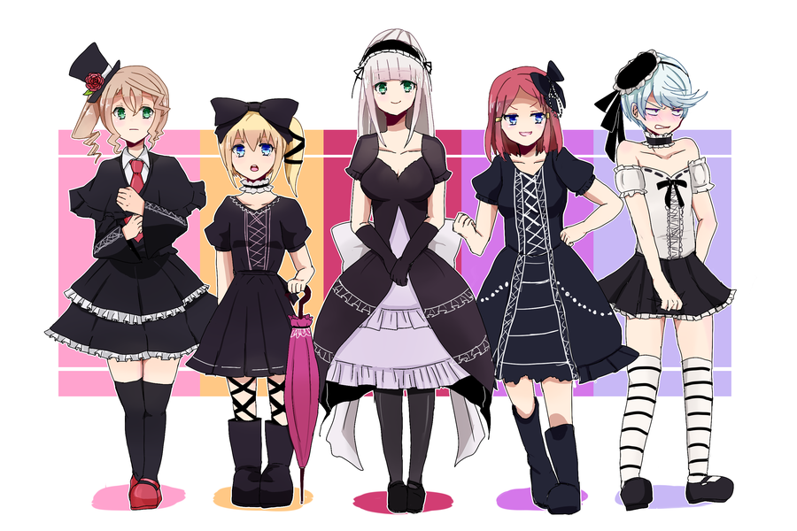 1boy 4girls alisha_diphda aqua_eyes bare_shoulders blonde_hair blue_eyes blue_hair blush boots breasts brown_hair capelet choker cleavage crossdressinging dress edna_(tales) flower frills gloves grey_hair grin hair_ornament hairband hat lailah_(tales) long_hair mikleo_(tales) multiple_girls necktie open_mouth pantyhose redhead ribbon rose rose_(tales) shoes side_ponytail simple_background smile tales_of_(series) tales_of_zestiria thigh-highs umbrella violet_eyes