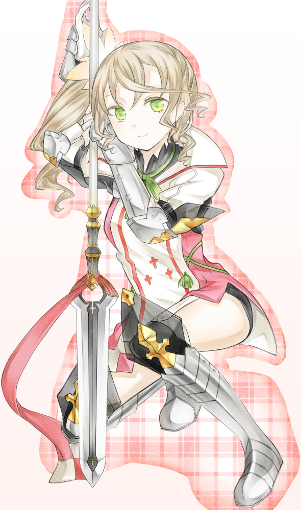 1girl alisha_diphda armor armored_boots belt boots breasts brown_hair gauntlets gloves gradient gradient_background green_eyes hair_ornament jacket long_hair looking_at_viewer one_knee plaid plaid_background ribbon short_shorts shorts side_ponytail smile spear tales_of_(series) tales_of_zestiria thigh-highs weapon