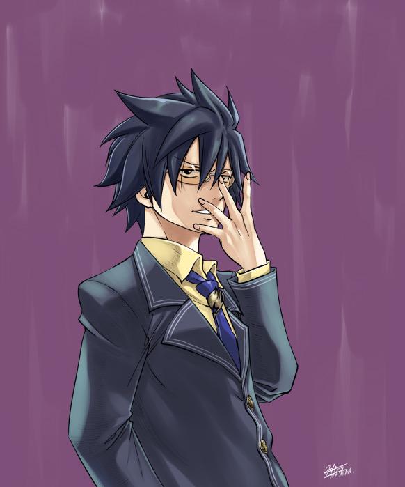 1boy adjusting_glasses black_hair fairy_tail formal glasses gray_fullbuster male_focus mashima_hiro necktie official_art pin simple_background suit