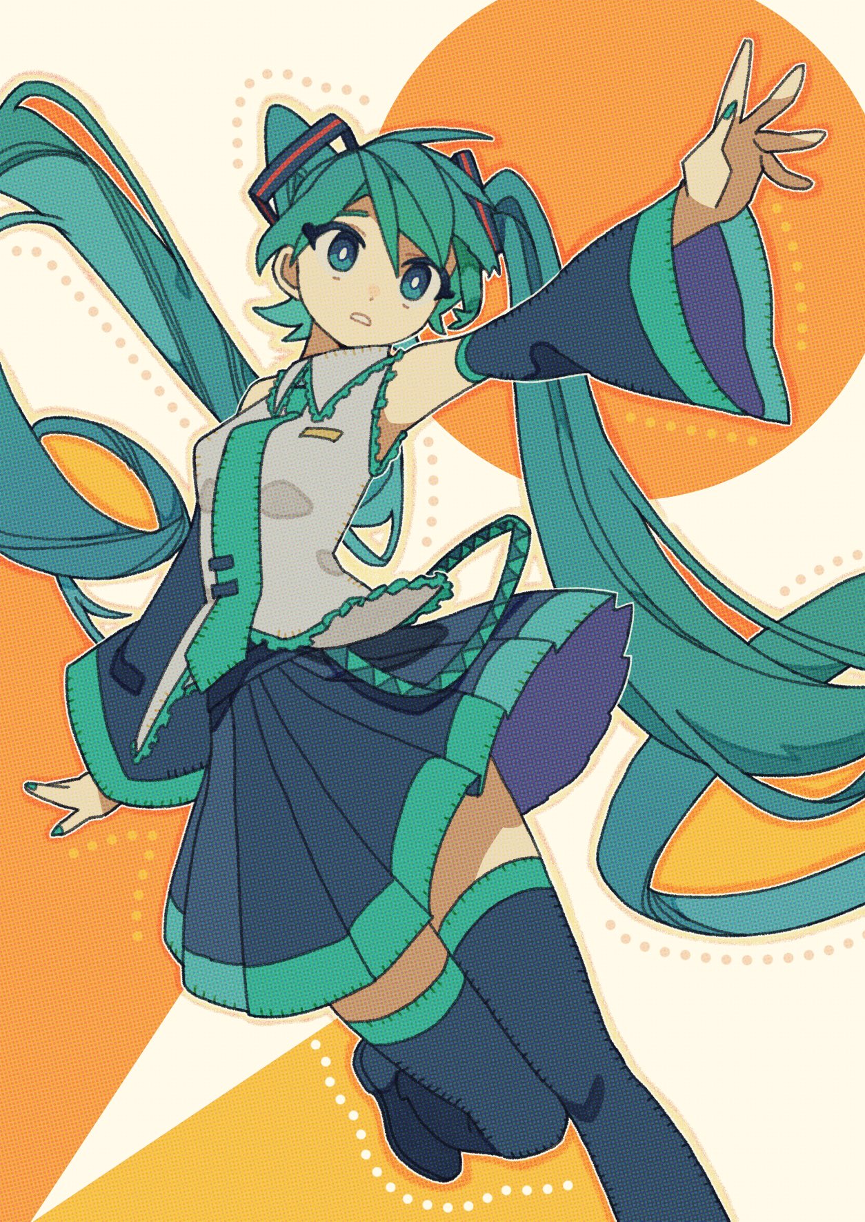 aqua_eyes aqua_hair aqua_nails aqua_necktie arm_up black_footwear black_skirt boots bright_pupils circle collared_shirt commentary_request contrapposto detached_sleeves floating_hair foot_out_of_frame foot_up grey_shirt hair_ornament halftone hatsune_miku highres long_hair looking_afar necktie orange_background outline outstretched_hand parted_lips pleated_skirt reaching shirt skirt sleeveless sleeveless_shirt tenteko_mai51 thigh_boots tie_clip twintails two-tone_background very_long_hair vocaloid white_background white_pupils wide_sleeves zettai_ryouiki