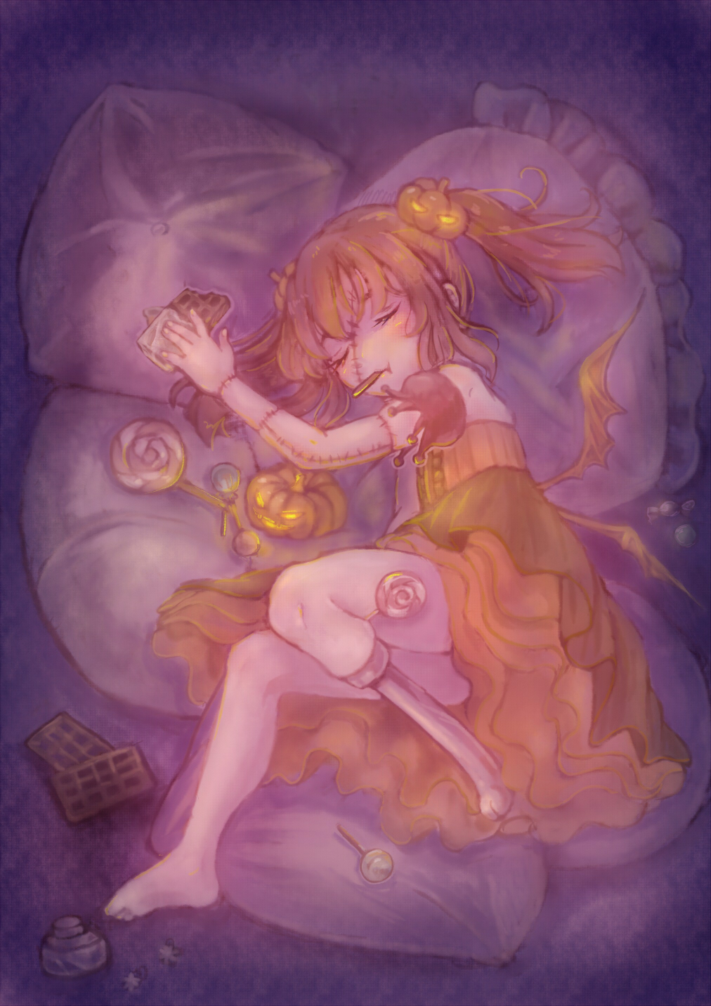 1girl amputee barefoot brown_hair candy child chocolate closed_eyes dress food hair_ornament halloween hantoumei_namako jack-o'-lantern lollipop pillow sleeping stitches twintails wings