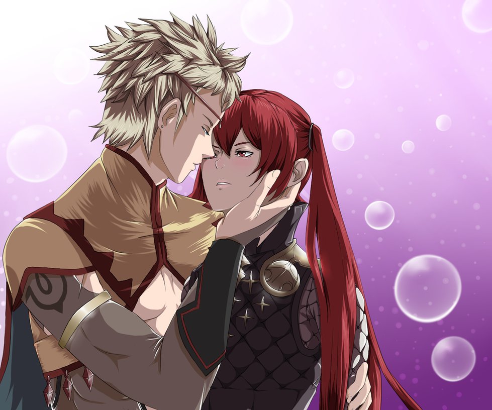 1boy 1girl artist_request blonde_hair blush eudes_(fire_emblem) fire_emblem fire_emblem_if gradient gradient_background long_hair luna_(fire_emblem_if) nintendo odin_(fire_emblem_if) red_eyes redhead serena_(fire_emblem) twintails