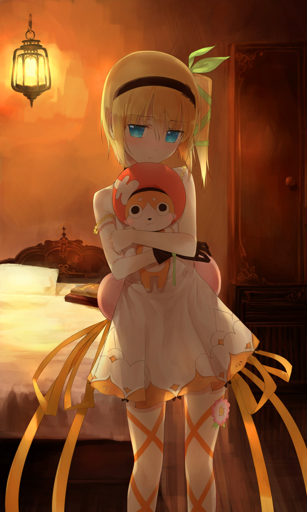 bare_shoulders bed blonde_hair blue_eyes blush book doll dress edna_(tales) flower gloves hair_ornament hairband ribbon short_hair side_ponytail tales_of_(series) tales_of_zestiria