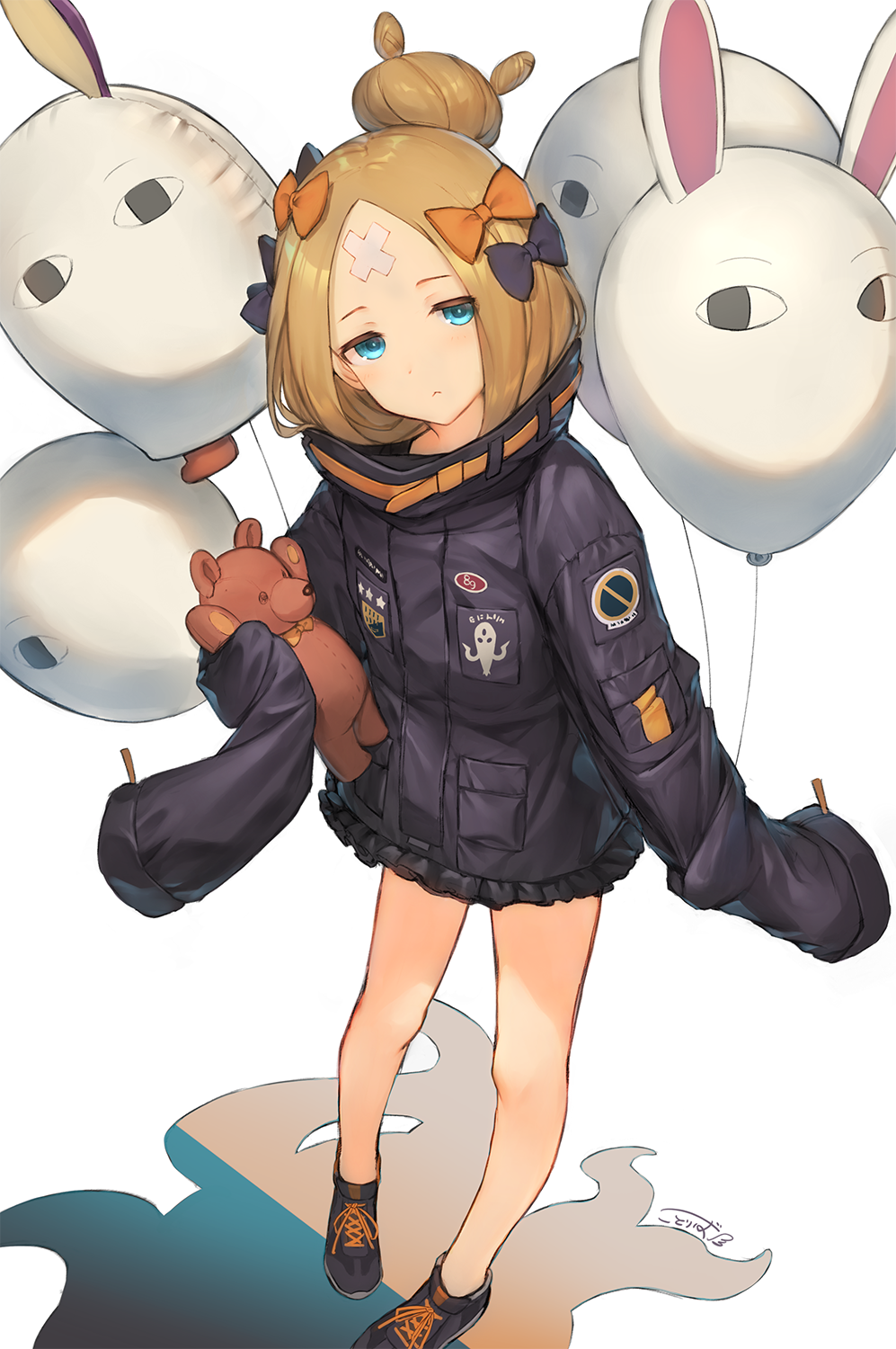 1girl :&lt; abigail_williams_(fate/grand_order) balloon bangs black_bow black_footwear black_hat black_jacket blonde_hair blue_eyes blush bow closed_mouth commentary_request fate/grand_order fate_(series) hair_bow hair_bun hat head_tilt highres holding holding_balloon jacket kotoribako long_hair long_sleeves looking_at_viewer medjed object_hug orange_bow parted_bangs polka_dot polka_dot_bow shoes signature sleeves_past_fingers sleeves_past_wrists solo standing stuffed_animal stuffed_toy teddy_bear tentacle white_background