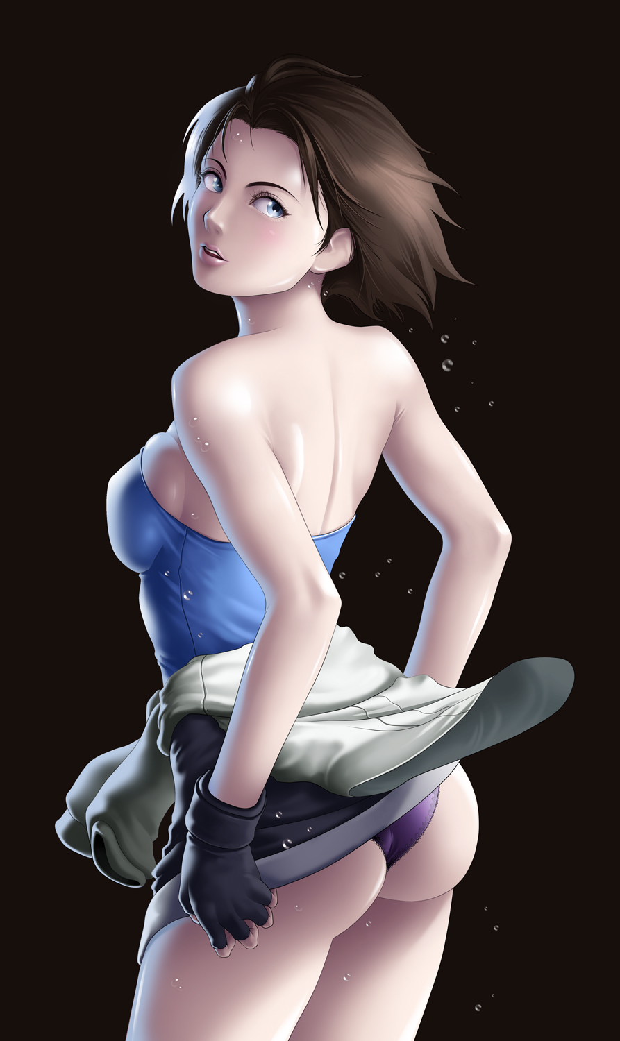 1girl ass back bare_shoulders black_hair blue_eyes breasts capcom clothes_around_waist dripping female fingerless_gloves gloves highres impossible_clothes impossible_shirt jill_valentine large_breasts legs looking_back miniskirt panties purple_panties resident_evil resident_evil_3 shirt short_hair simple_background skirt skirt_lift solo standing strapless sweat sweater_around_waist sweating thighs thor_(deep_rising) underwear