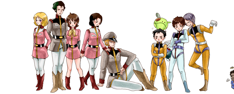 3girls 5boys amuro_ray artist_request black_hair blonde_hair boots bright_noa brown_hair crossed_arms frau_bow gundam haro hat hayato_kobayashi helmet kai_shiden military military_uniform mirai_yashima mobile_suit_gundam multiple_boys multiple_girls pilot_suit purple_hair robot sayla_mass simple_background sleggar_law uniform