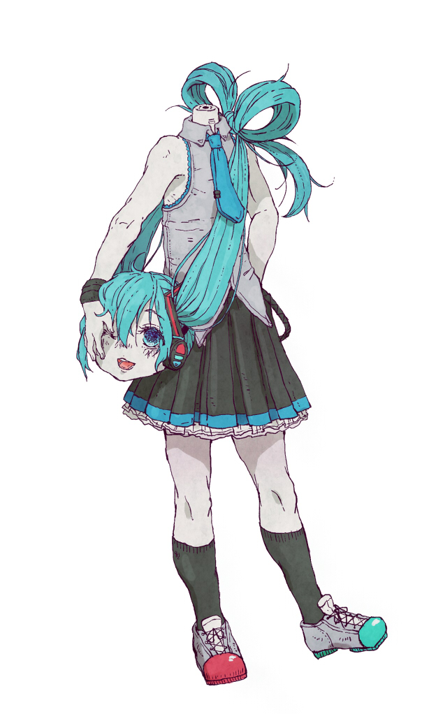 1girl aqua_eyes aqua_hair bow hand_on_head hantoumei_namako hatsune_miku headless headphones necktie open_mouth shoes simple_background smile socks twintails