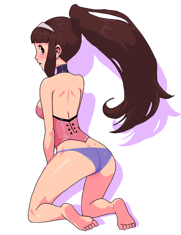 1girl ass back bare_back barefoot brown_eyes brown_hair character_request comcept daga dimples_of_venus long_hair looking_back panties ponytail red_ash simple_background underwear