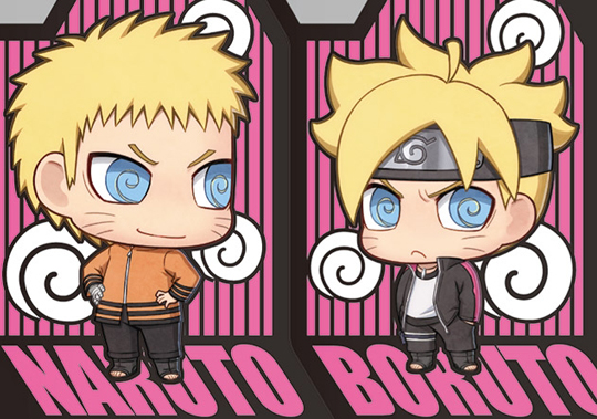 2boys @_@ ahoge blonde_hair blue_eyes boruto:_the_movie chibi father_and_son forehead_protector frown hands_in_pockets hands_on_hips jacket jewelry multiple_boys naruto necklace official_art open_clothes open_jacket spiky_hair striped_background uzumaki_boruto uzumaki_naruto whiskers yuupon