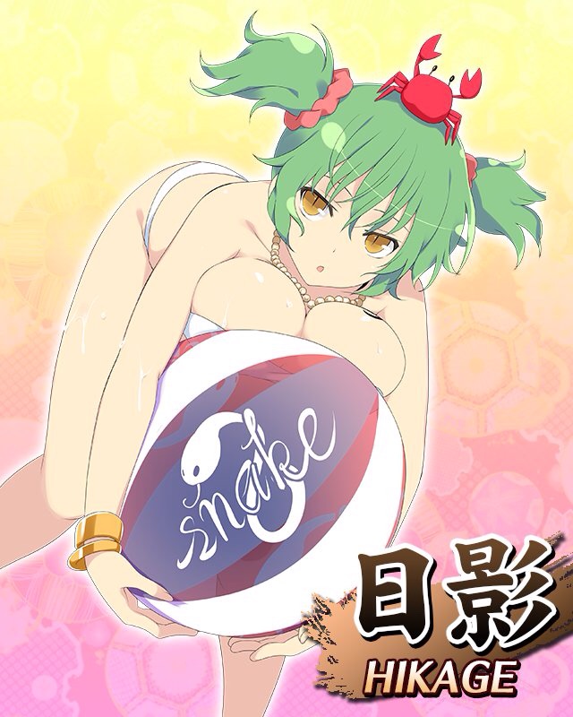 1girl ball beach breasts crab fun gradient gradient_background green_hair hikage_(senran_kagura) jewelry large_breasts necklace official_art pear_necklace senran_kagura senran_kagura_(series) short_hair tattoo yellow_eyes