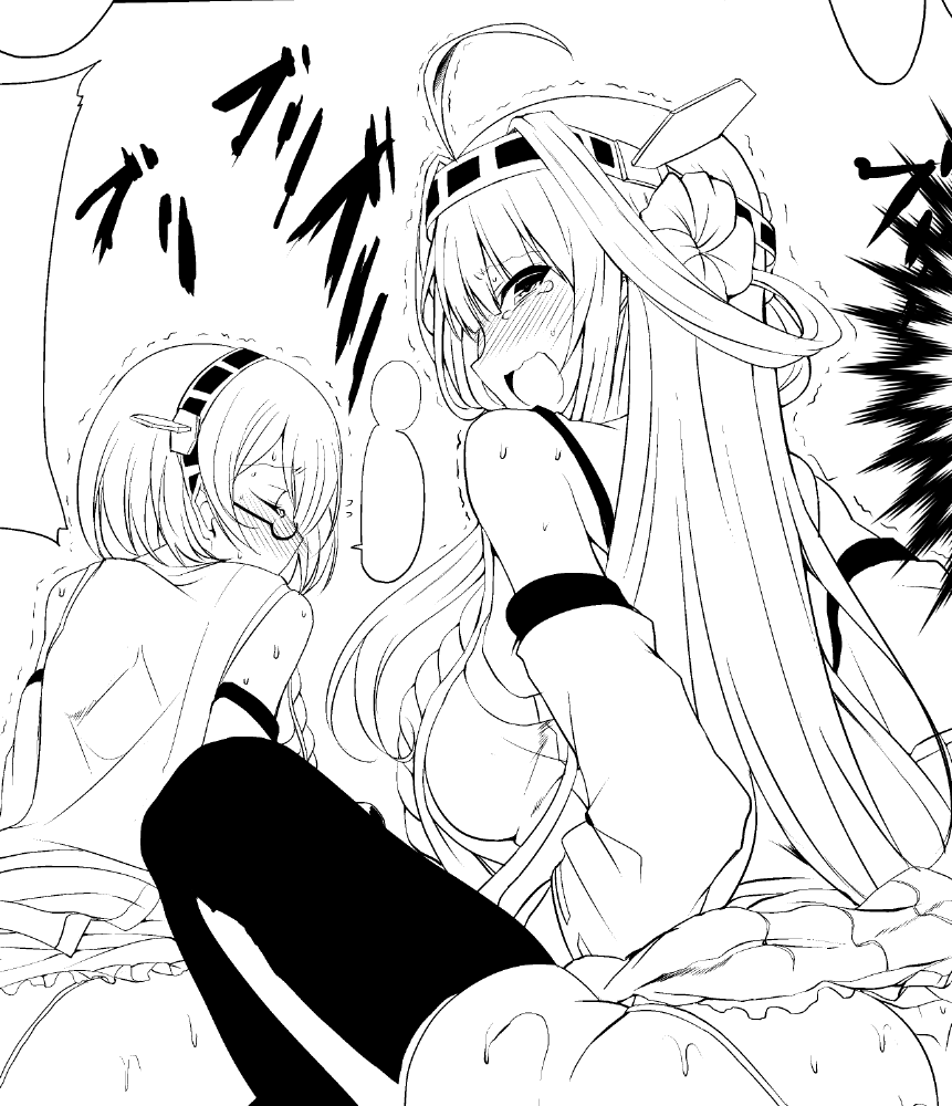 2girls ass bare_shoulders blank_speech_bubble blush detached_sleeves glasses headgear hikareru2000 japanese_clothes kantai_collection kirishima_(kantai_collection) kongou_(kantai_collection) looking_back monochrome multiple_girls nontraditional_miko open_mouth panties siblings sisters speech_bubble sweat tears thigh-highs trembling underwear