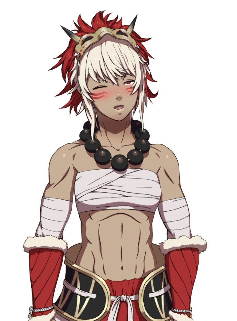 1girl abs bandage bare_shoulders blush breasts collarbone dark_skin facial_mark fire_emblem fire_emblem_if horn jewelry mask midriff muscle my_room navel necklace one_eye_closed open_mouth red_eyes rinka_(fire_emblem_if) sarashi short_hair simple_background solo vambraces white_background white_hair wink