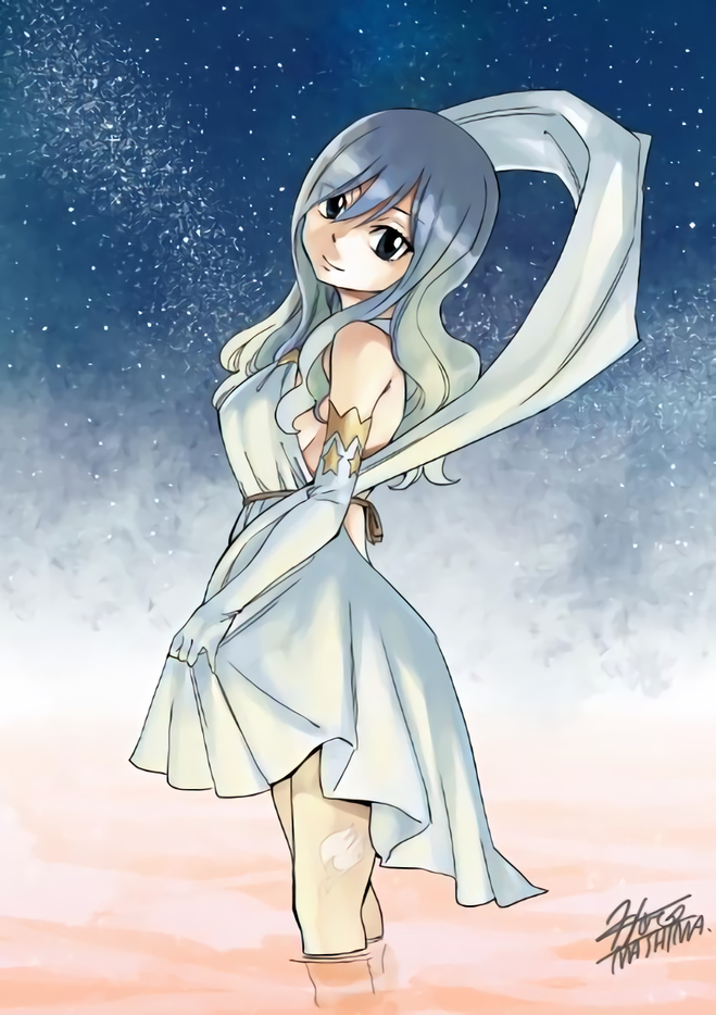 1girl blue_hair breasts fairy_tail gradient gradient_background juvia_loxar looking_at_viewer mashima_hiro night night_sky official_art sideboob sky solo star_(sky) tanabata tattoo water