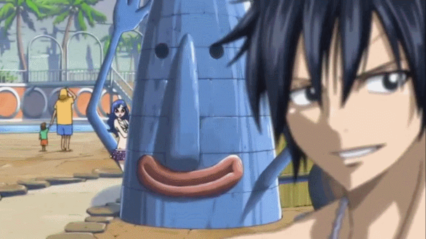 1boy 1girl animated animated_gif ass bare_shoulders bikini blue_eyes blue_hair bouncing_breasts breasts cleavage fairy_tail female gray_fullbuster highres juvia_loxar large_breasts long_hair navel screencap short_hair smile swimsuit tattoo under_boob