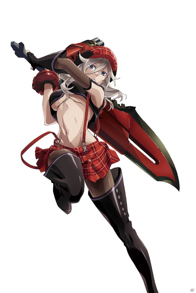 1girl alisa_ilinichina_amiella black_boots black_legwear blue_eyes boots bracelet breasts elbow_gloves fingerless_gloves gloves god_eater god_eater_burst hat huge_weapon jewelry large_breasts long_hair looking_at_viewer midriff official_art pantyhose plaid plaid_skirt simple_background skirt solo suspenders sword thigh-highs thigh_boots under_boob weapon white_hair