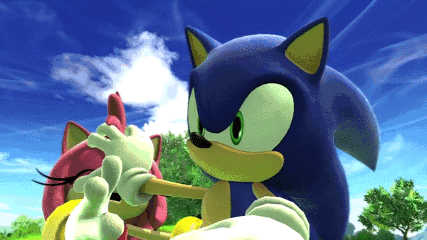 1boy 1girl amy_rose animated animated_gif closed_eyes couple gloves green_eyes hand_on_another's_face hand_on_face sega sky sonic sonic_generations sonic_the_hedgehog talking tree white_gloves