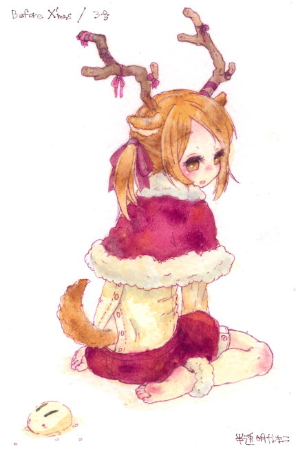 1girl animal_ears animal_tail bangs barefoot blush bow feet hantoumei_namako horns open_mouth orange_eyes orange_hair parted_bangs reindeer ribbon side_ponytail simple_background tail white_background