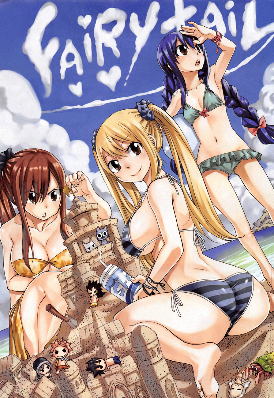 3girls 4boys 6+girls armpits ass barefoot beach bikini blonde_hair blue_hair blue_sky blush braid breasts brown_eyes brown_hair chibi cleavage erza_scarlet fairy_tail feet frilled_bikini frills front-tie_top gajeel_redfox gray_fullbuster hair_ribbon happy_(fairy_tail) hermit_crab highres huge_ass juvia_loxar large_breasts long_hair looking_at_viewer lucy_heartfilia mashima_hiro mirajane_strauss multiple_boys multiple_girls natsu_dragneel navel ocean official_art open_mouth outdoors ponytail purple_hair redhead ribbon sand sand_castle sand_sculpture sandcastle sarong side-tie_bikini sideboob sitting sky small_breasts smile standing straw striped striped_bikini swimsuit thermos twin_braids twintails wariza water wendy_marvell