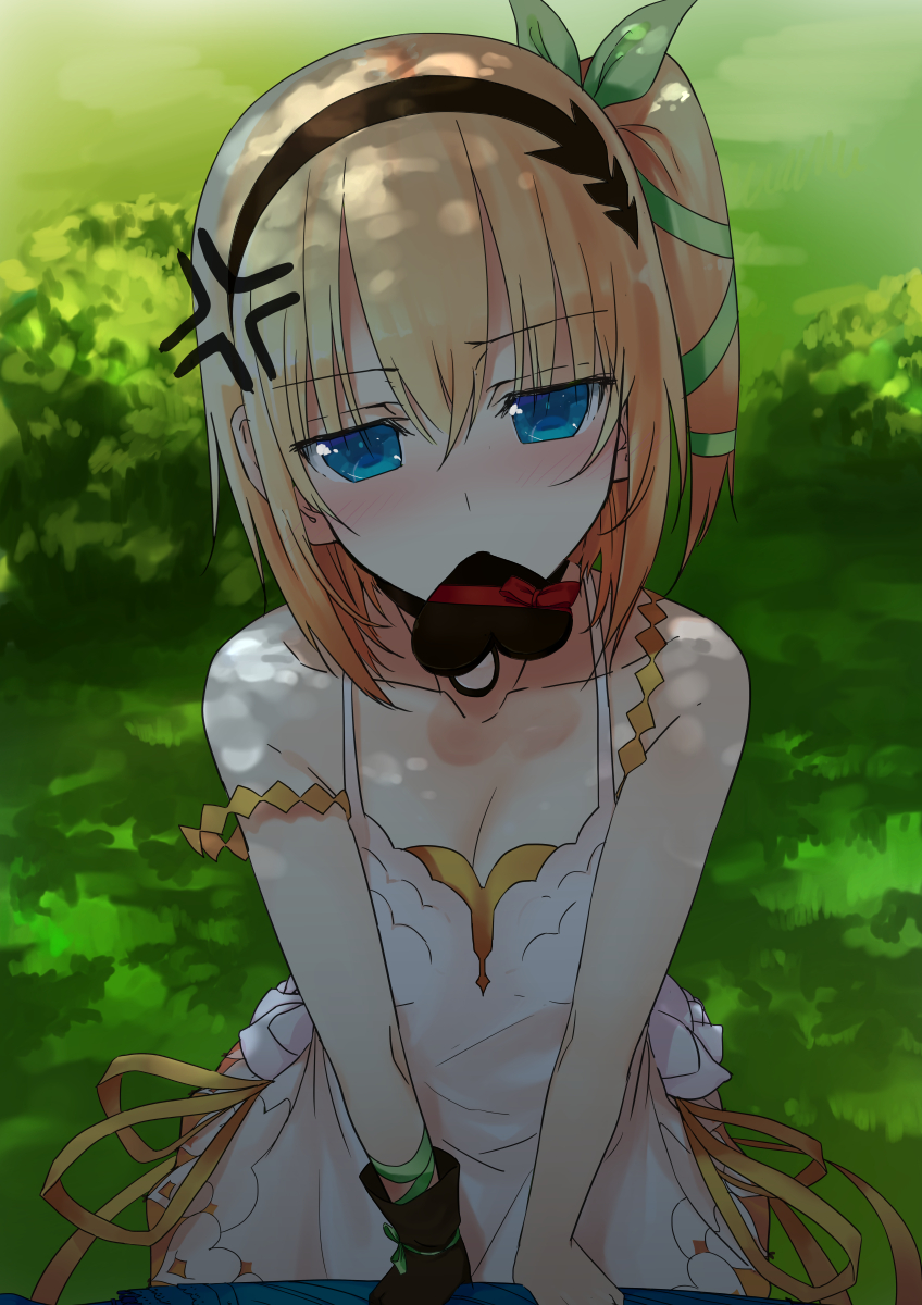 1girl akitaka_(pixiv12739753) anger_vein bare_shoulders blonde_hair blue_eyes blush breasts chocolate choker cleavage dress edna_(tales) gloves grass hair_ornament hairband looking_at_viewer mouth_hold nature outdoors short_hair side_ponytail solo strap_slip tales_of_(series) tales_of_zestiria umbrella valentine white_dress
