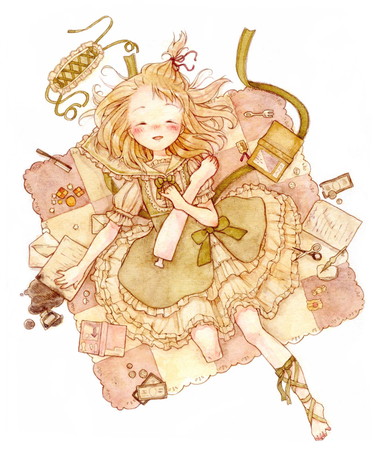 1girl amputee barefoot blonde_hair blush book bow closed_eyes dress fork hantoumei_namako happy ink money open_mouth pale_skin ribbon scissors simple_background smile