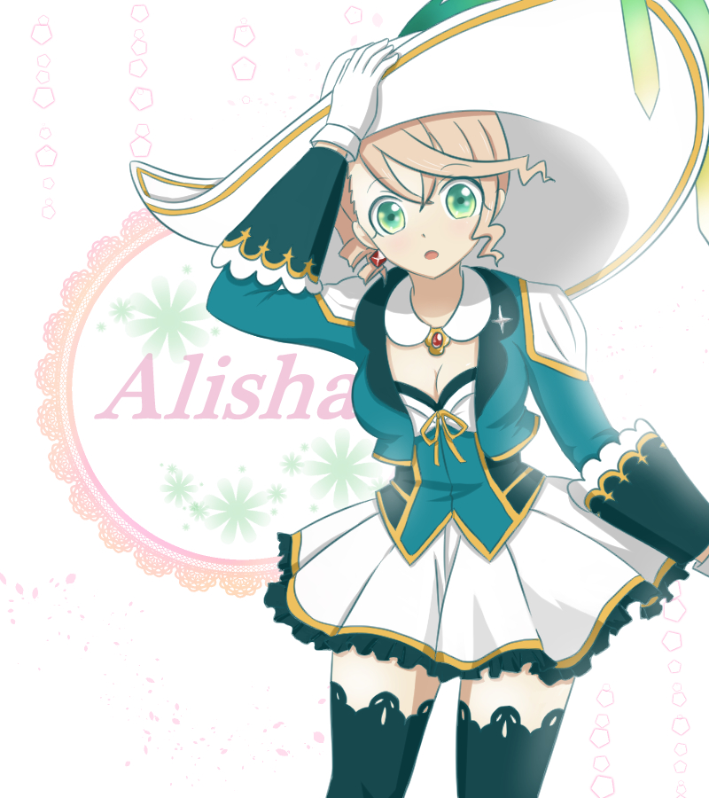 1girl alisha_diphda aqua_eyes breasts brown_hair character_name choker cleavage earrings frills gloves hat jacket jewelry long_hair open_mouth simple_background skirt tales_of_(series) tales_of_zestiria thigh-highs