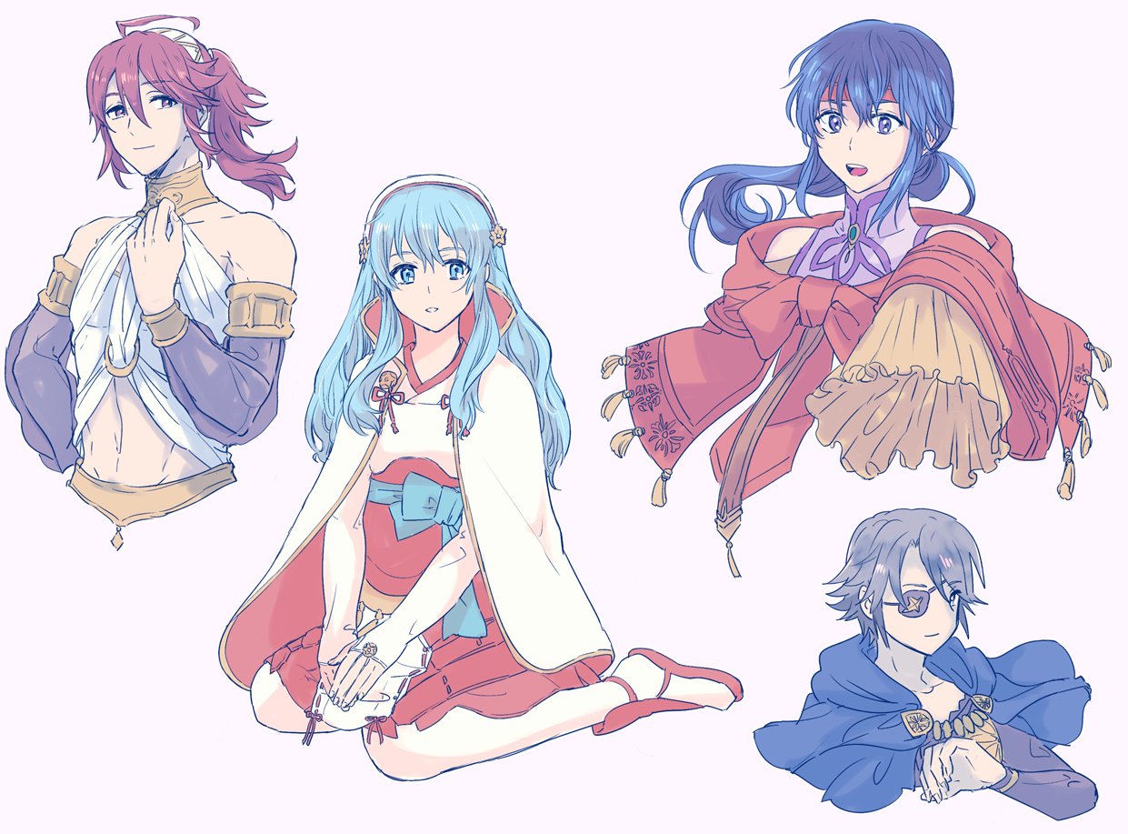 azur_(fire_emblem) bare_shoulders blue_eyes blue_hair cape celice_(fire_emblem) cosplay dress eirika eyepatch fire_emblem fire_emblem:_kakusei fire_emblem:_seima_no_kouseki fire_emblem:_seisen_no_keifu fire_emblem:_souen_no_kiseki fire_emblem_heroes fire_emblem_if grey_hair hair_ornament hairband headband inigo_(fire_emblem) japanese_clothes jewelry kimono lazward_(fire_emblem_if) long_hair looking_at_viewer midriff multiple_boys navel olivia_(fire_emblem) olivia_(fire_emblem)_(cosplay) open_mouth ponytail robe sakura_(fire_emblem_if) sanaki_kirsch_altina short_hair simple_background smile staff tonton318831 zero_(fire_emblem_if)