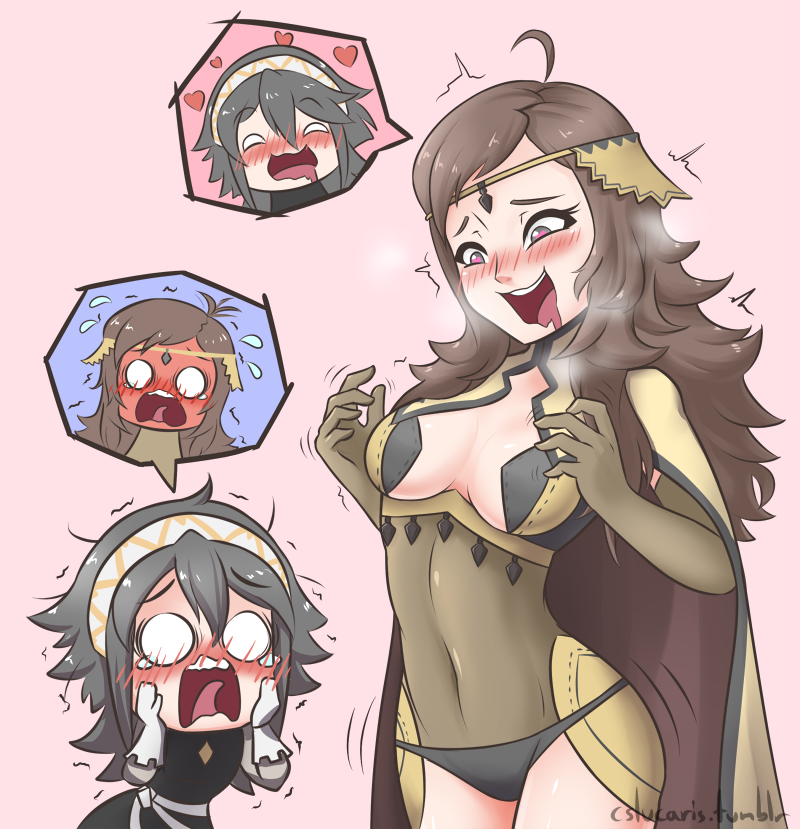 2girls ahoge artist_name black_panties blue_hair blush breasts brown_hair cape center_opening circlet cleavage cslucaris female fire_emblem fire_emblem_if full-face_blush gloves grey_hair hairband heart long_hair multiple_girls naughty_face nintendo o_o open_mouth ophelia_(fire_emblem_if) panties personality_switch simple_background soleil_(fire_emblem_if) tears underwear white_gloves yuri