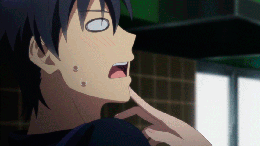 1boy 1girl animated animated_gif black_hair blazer blush business_suit chin_grab clenched_teeth eye_contact formal incipient_kiss kurusu_kimihito long_hair looking_at_another looking_at_viewer monster_musume_no_iru_nichijou ms._smith naughty_face neck necktie nervous o_o open_mouth short_hair shy smile standing suit sweat talking teeth upper_body wavy_mouth window yellow_eyes