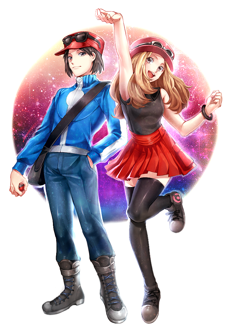 10s 1boy 1girl arm arm_up artist_request baseball_cap black_eyes black_hair black_thighhighs boots bracelet breasts calme_(pokemon) clenched_hand couple full_body gradient gradient_background hand_in_pocket happy hat head_tilt holding holding_poke_ball jacket jewelry knees_together_feet_apart legs light_brown_hair long_hair looking_at_viewer nintendo open_mouth pants poke_ball pokemon pokemon_(game) pokemon_xy red_skirt serena_(pokemon) shirt shoes short_hair skirt sleeveless sleeveless_shirt smile sneakers standing standing_on_one_leg sunglasses sunglasses_on_head thigh-highs