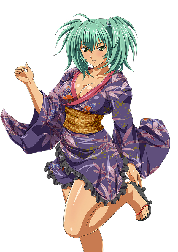 00s 1girl breasts cleavage dark_skin female green_eyes green_hair ikkitousen japanese_clothes large_breasts long_hair official_art ryofu_housen simple_background smile solo standing yukata