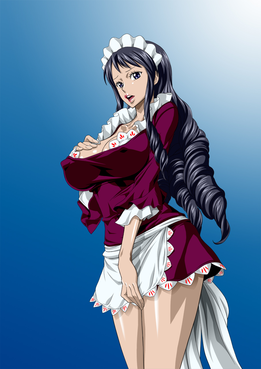 1girl baby_5 black_hair blue_eyes breasts cleavage drill_hair erect_nipples female gradient gradient_background hand_on_breast highres large_breasts legs long_hair looking_at_viewer maid_headdress nel-zel_formula one_piece open_mouth simple_background skirt solo standing thighs
