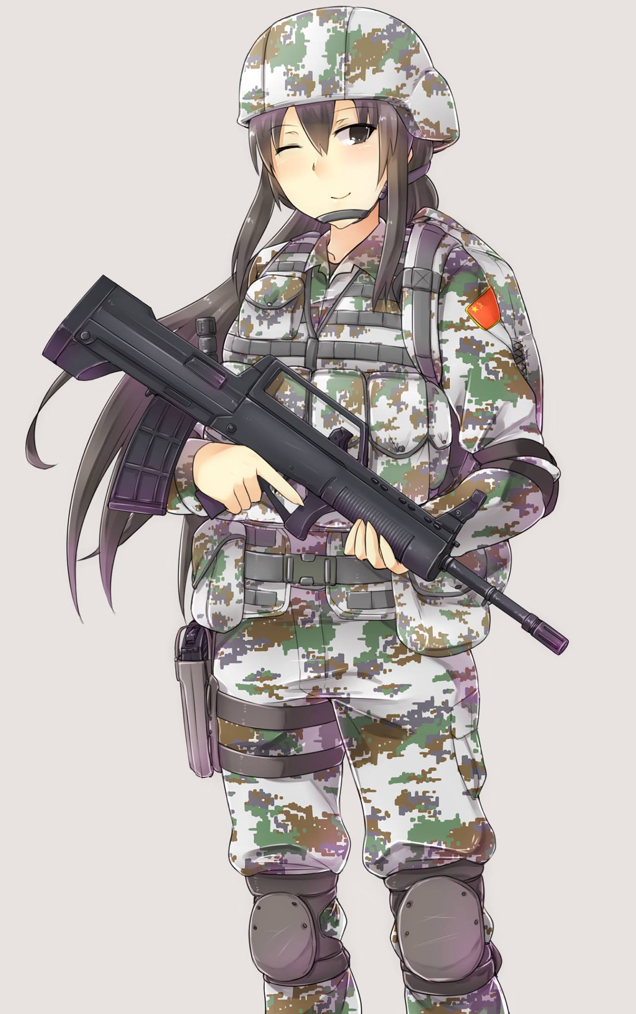 1girl assault_rifle ayyh black_eyes black_hair bullpen camouflage character_request chin_strap copyright_request female gun handgun helmet knee_pads long_hair md5_mismatch one_eye_closed people's_republic_of_china_flag pistol resized rifle simple_background solo thigh_holster trigger_discipline weapon wink