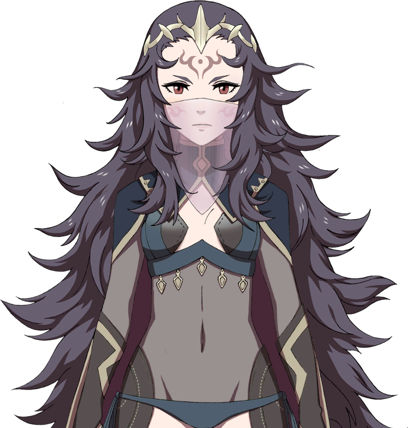 1girl brown_eyes covered_navel facial_mark fire_emblem fire_emblem_if forehead_mark long_hair messy_hair nyx_(fire_emblem_if) official_art simple_background solo tiara upper_body veil
