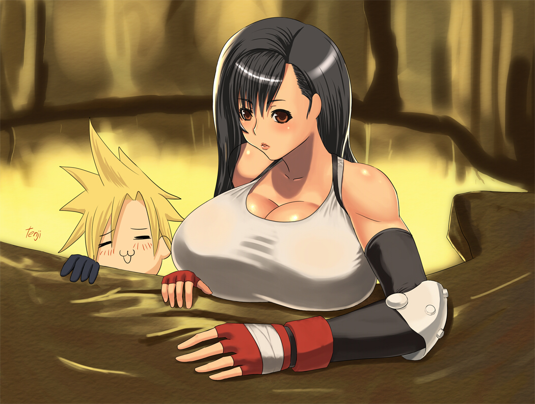 :3 breast_rest breasts brown_eyes bursting_breasts cave cleavage cloud_strife elbow_gloves final_fantasy final_fantasy_vii gloves gradient gradient_background huge_breasts open_mouth tank_top tenji tifa_lockhart