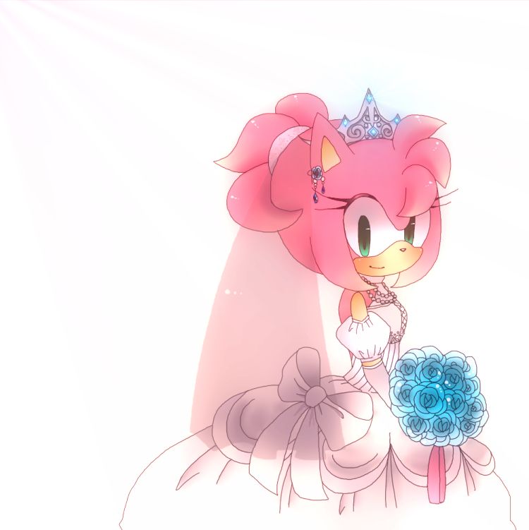 1girl amy_rose artist_request blush dress looking_at_viewer simple_background sonic_the_hedgehog wedding_dress