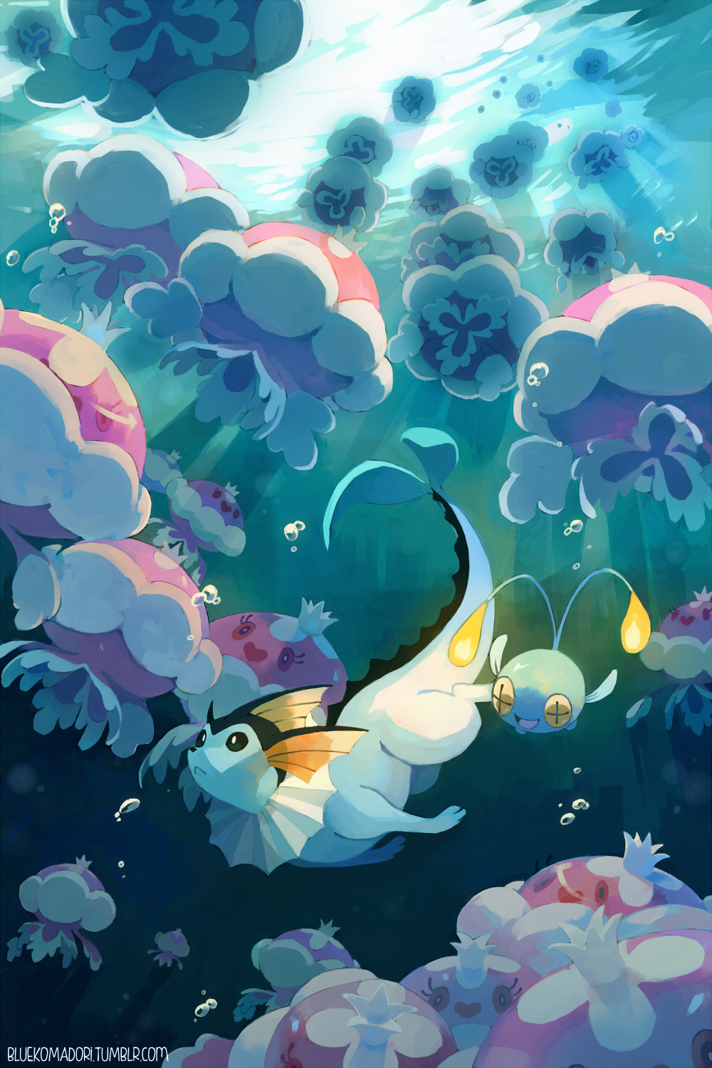 bluekomadori chinchou fins glowing jellicent pokemon pokemon_(game) sunlight swimming underwater vaporeon