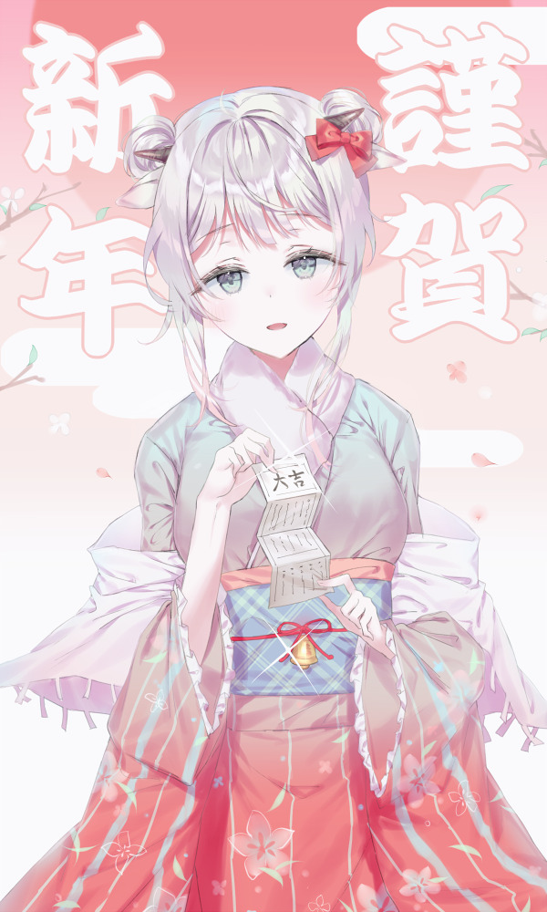 1girl animal_ears bangs bell blue_eyes blue_kimono bow breasts chinese_zodiac commentary_request cow_ears cow_girl cow_horns double_bun egasumi eyebrows_visible_through_hair gradient_kimono hair_bow hands_up holding horns japanese_clothes kimono long_sleeves looking_at_viewer medium_breasts obi omikuji original parted_lips qlakwnd red_bow red_kimono revision sash shawl sidelocks silver_hair smile solo translated wide_sleeves year_of_the_ox