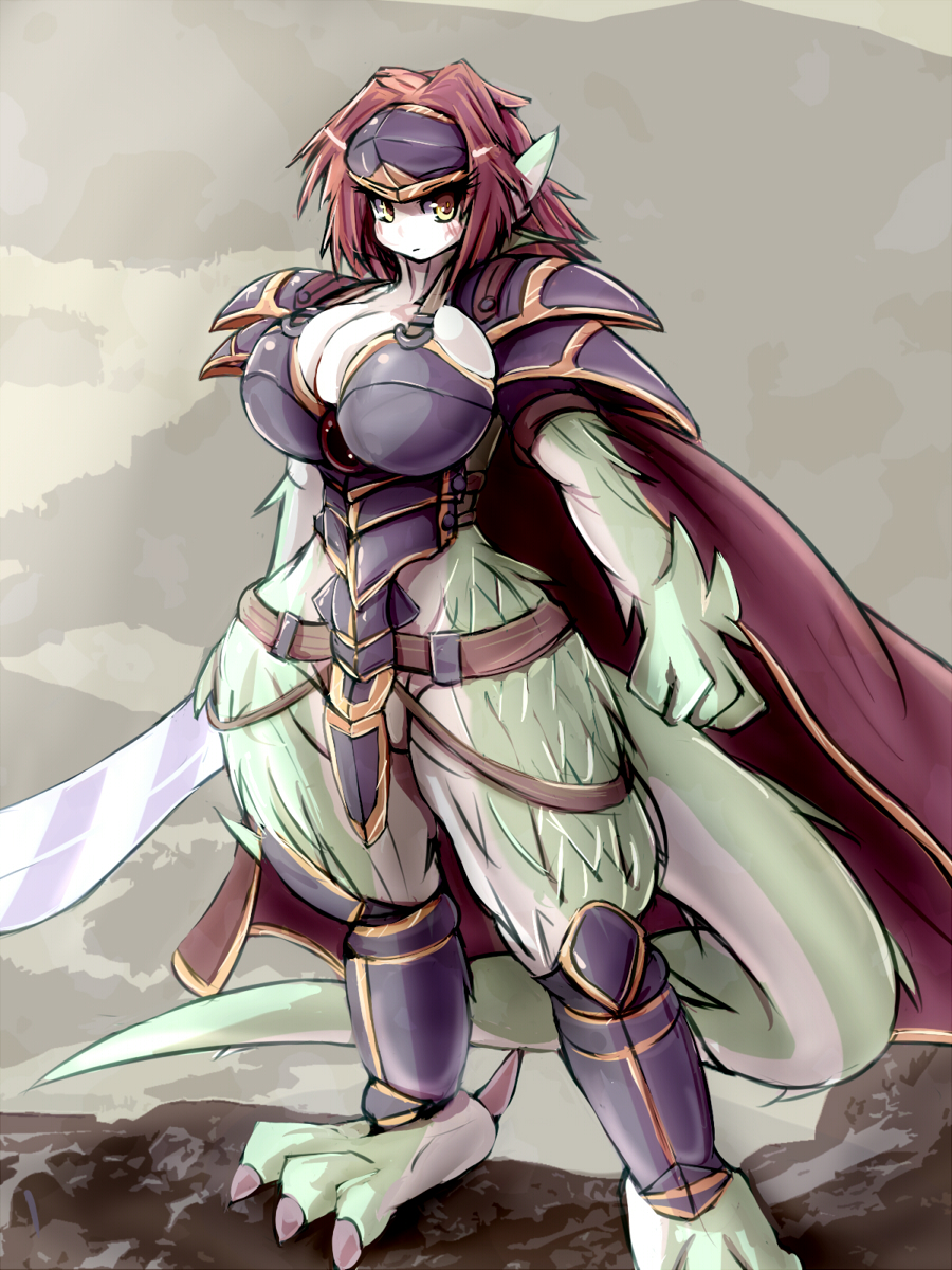 57mm armor dragon_girl gradient gradient_background granberia serious sword tail