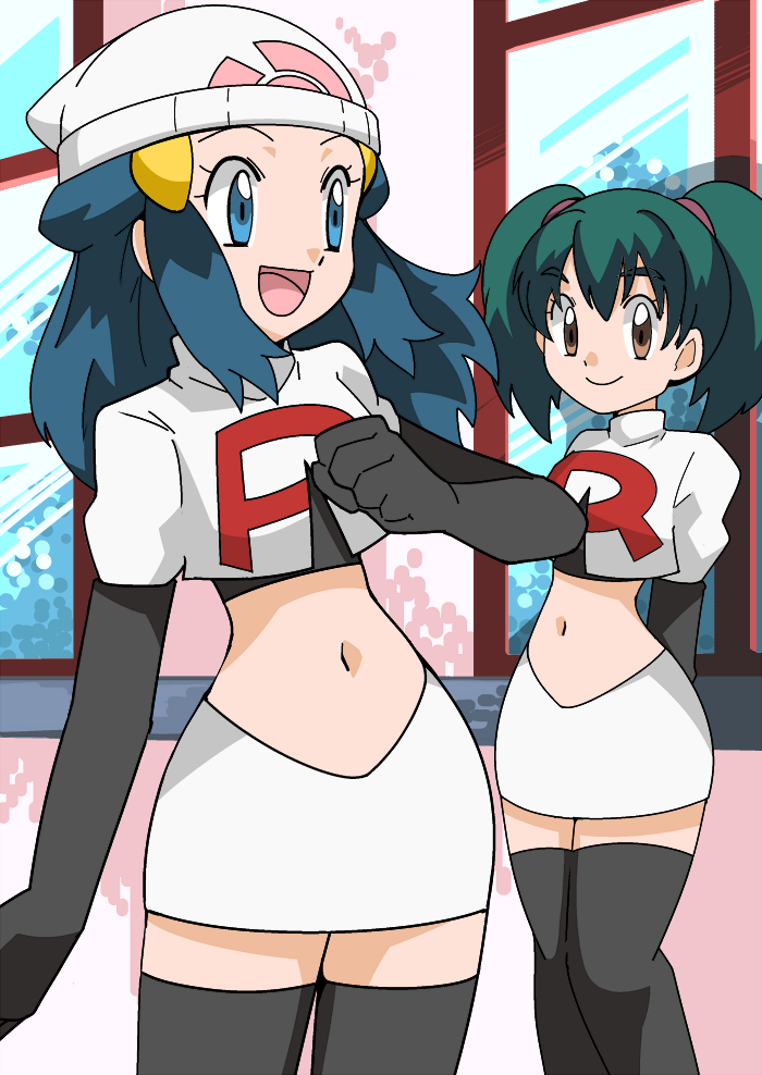 blue_eyes blue_hair brown_eyes green_hair hainchu hikari_(pokemon) imite_(pokemon) navel nintendo pokemon team_rocket_(cosplay)