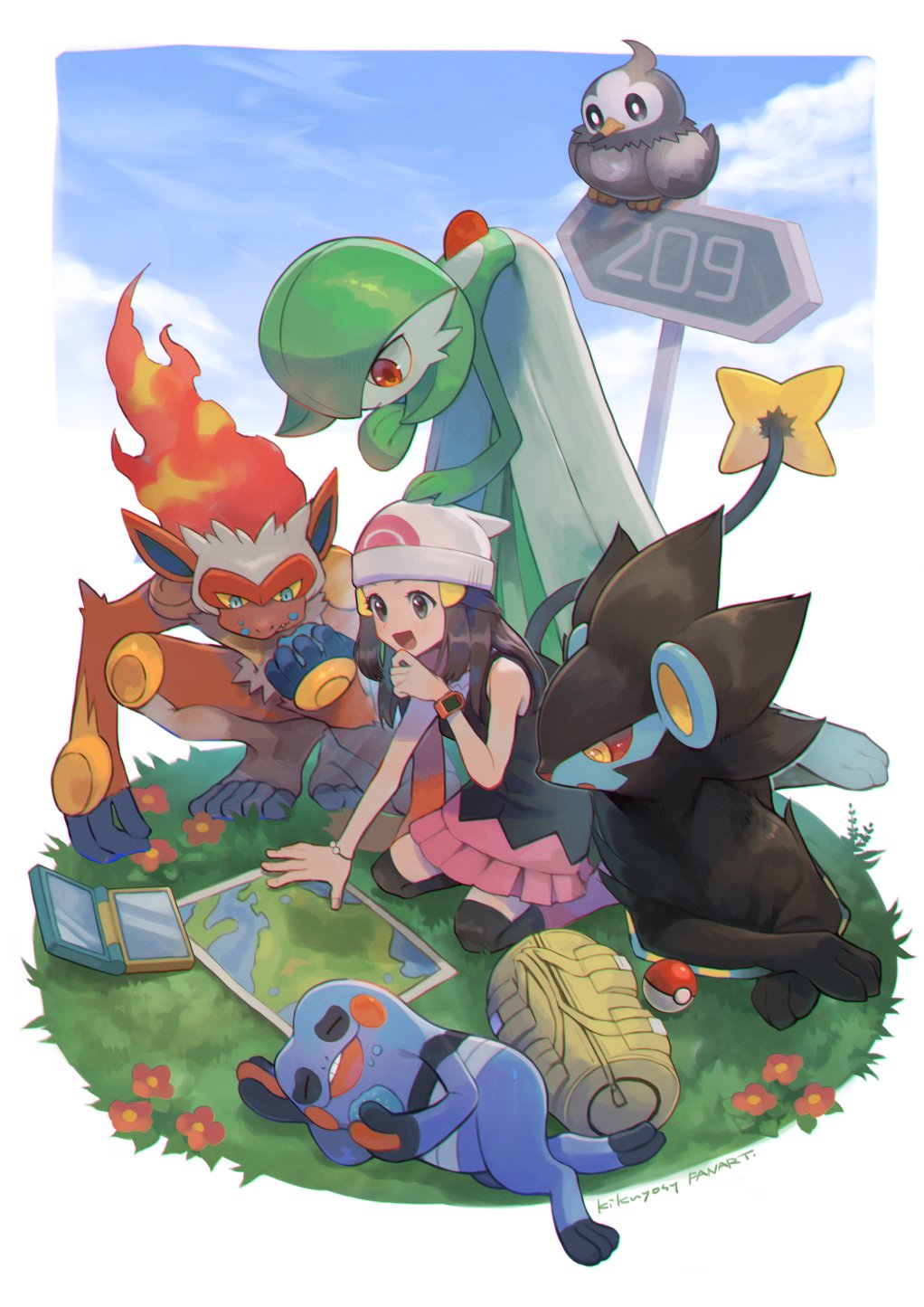 1girl :d bag bag_removed black_legwear black_shirt boots bracelet clouds commentary_request croagunk day duffel_bag flower gardevoir grass grey_eyes hair_ornament hairclip highres hikari_(pokemon) infernape jewelry kikuyoshi_(tracco) kneeling luxray map open_mouth outdoors over-kneehighs pink_footwear pink_skirt poke_ball poke_ball_(basic) pokemon pokemon_(creature) pokemon_(game) pokemon_dppt shiny shiny_hair shirt sinnoh_route_209 skirt sky sleeveless sleeveless_shirt smile starly thigh-highs tongue