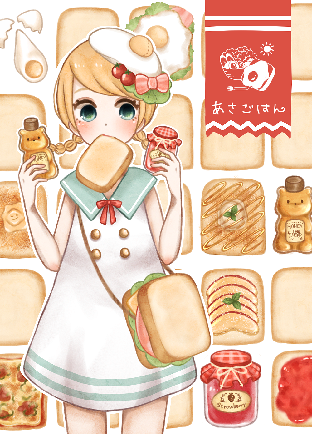 1girl aqua_eyes bacon bag bangs blonde_hair blush bow braid bread butter buttons cheese dress egg food food_as_clothes food_themed_clothes hat highres holding honey jam jar lettuce meat mouth_hold original sailor_collar sandwich sleeveless sleeveless_dress solo swept_bangs toast tomato twin_braids white_dress