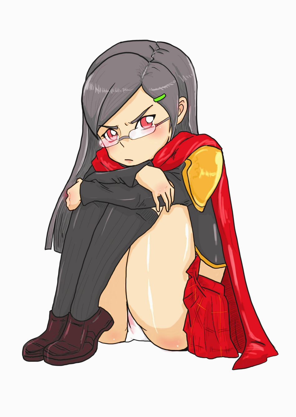 1girl angry annoyed artist_request ass black_hair blush cape cranky final_fantasy final_fantasy_type-0 glasses hair_ornament hairclip leg_hug legs long_hair looking_at_viewer miniskirt panties pink_eyes pout queen_(fft-0) shiny shiny_skin simple_background sitting skirt solo underwear
