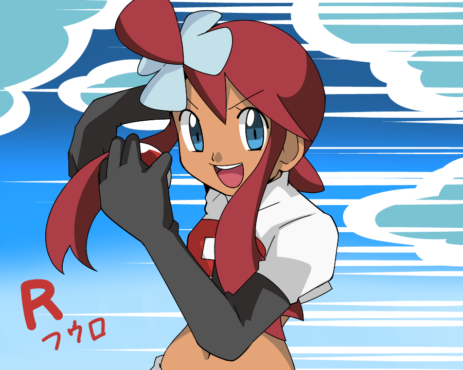 blue_eyes dark_skin fuuro_(pokemon) gradient gradient_background gym_leader hainchu navel nintendo pokemon redhead striped_background team_rocket_(cosplay)