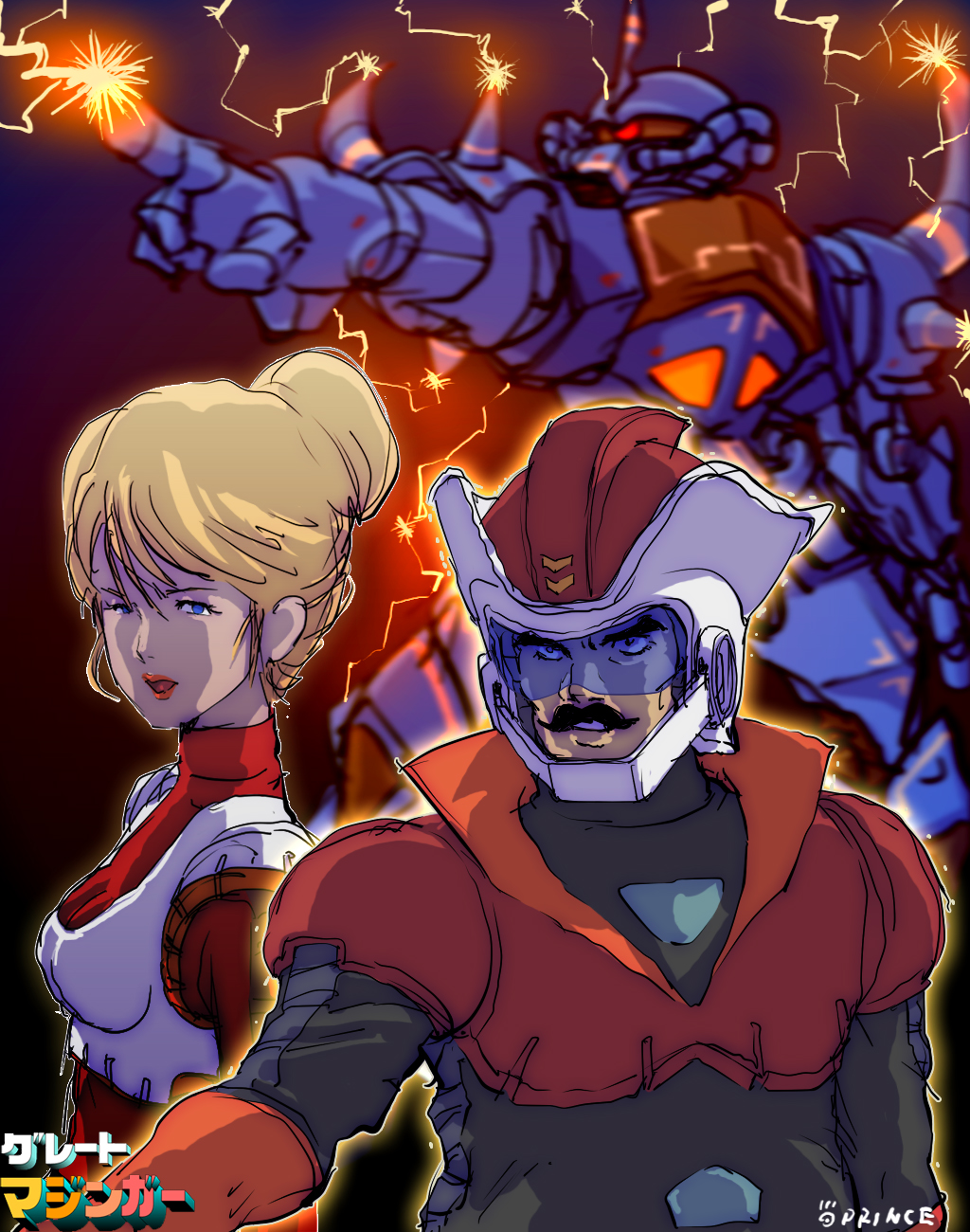 1boy 1girl 70s artist_name blonde_hair blue_eyes copyright_name cosplay crowley_hamon facial_hair gouf gradient gradient_background great_mazinger gundam hair_bun mazinger_z mecha mobile_suit_gundam mustache oldschool oprince parody pilot_suit ramba_ral short_hair translated