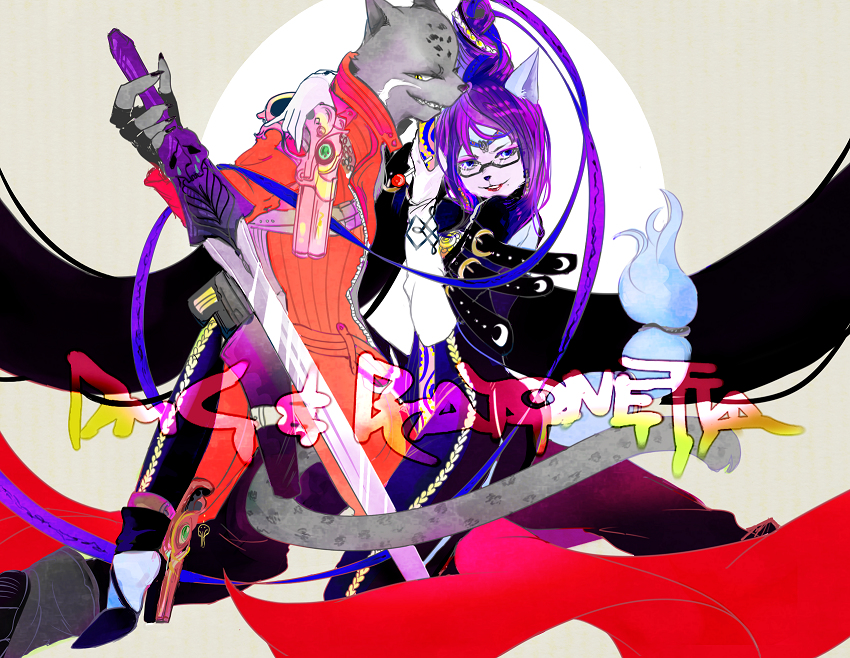 1boy 1girl bayonetta blue_eyes bodysuit cosplay crossover furry glasses gloves gun handgun high_heels hug krystal latex lipstick makeup nintendo panther_caroso simple_background star_fox sword tail text weapon yellow_eyes