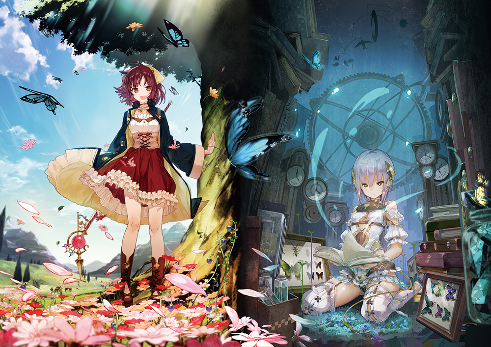 2girls atelier_(series) atelier_sophie book breasts brown_hair butterfly clock female field flower gear grandfather_clock jacket kneeling medium_breasts multiple_girls official_art petals plachta silver_hair small_breasts sophie_neuenmuller staff symbol-shaped_pupils tree