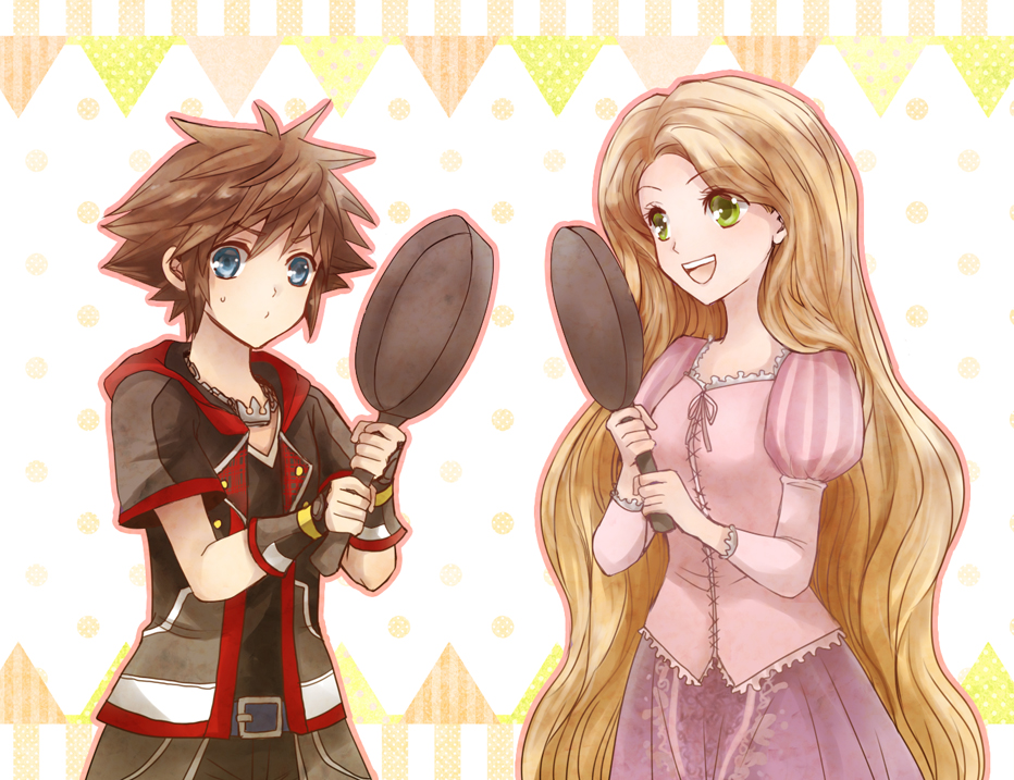 1boy 1girl asukirabing blonde_hair blue_eyes disney dress frying_pan green_eyes hood hood_down hoodie jewelry kingdom_hearts kingdom_hearts_iii long_sleeves necklace polka_dot polka_dot_background puffy_long_sleeves puffy_sleeves rapunzel_(disney) sora_(kingdom_hearts) spiky_hair square_enix sweatdrop tangled very_long_hair