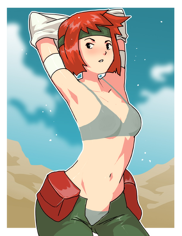 1girl advance_wars armpits army bandanna bra breasts daga domino domino_(advanced_wars) female gradient gradient_background grey_bra grey_panties navel nintendo panties pants pouch pouches redhead shaved short_hair showing_armpits small_breasts solo underwear undressing unzipped