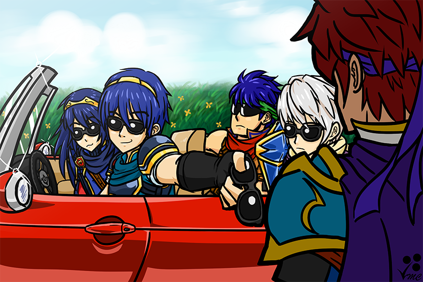 1girl 4boys :3 armor blue_hair car comedy fire_emblem fire_emblem:_kakusei fire_emblem:_mystery_of_the_emblem fire_emblem:_souen_no_kiseki fire_emblem:_the_binding_blade fire_emblem_awakening fire_emblem_fuuin_no_tsurugi fire_emblem_heroes fire_emblem_mystery_of_the_emblem fire_emblem_path_of_radiance fire_emblem_sword_of_seals great_grandfather_and_great_granddaughter ground_vehicle ike ike_(fire_emblem) intelligent_systems long_hair lucina lucina_(fire_emblem) male_my_unit_(fire_emblem:_kakusei) marth marth_(fire_emblem) motor_vehicle multiple_boys my_unit my_unit_(fire_emblem:_kakusei) nintendo project_m redhead reflet robin_(fire_emblem) robin_(fire_emblem)_(male) roy_(fire_emblem) serious short_hair smile sora_(company) sunglasses super_smash_bros. super_smash_bros._ultimate super_smash_bros_brawl super_smash_bros_for_wii_u_and_3ds super_smash_bros_legacy_xp super_smash_bros_melee white_hair