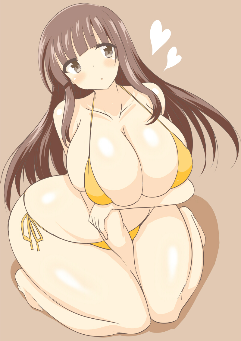 1girl bikini blush breast_hold breasts brown_eyes brown_hair collarbone curvy female huge_breasts kneeling long_hair original parted_lips plump simple_background solo swimsuit thick_thighs wedge wide_hips yellow_bikini yellow_swimsuit